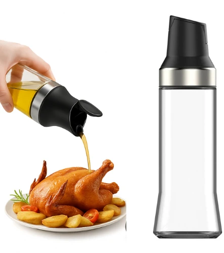 Winder Home Stiklinis aliejaus butelis juodas, 500 ml – rinkinys 2 vnt. + silikoninis teptukas kepimui