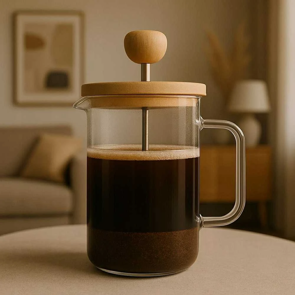 Winder Home Stūmoklinis kavos ir arbatos kavinukas su bambukiniu dangteliu – French Press indas, 600 ml talpa