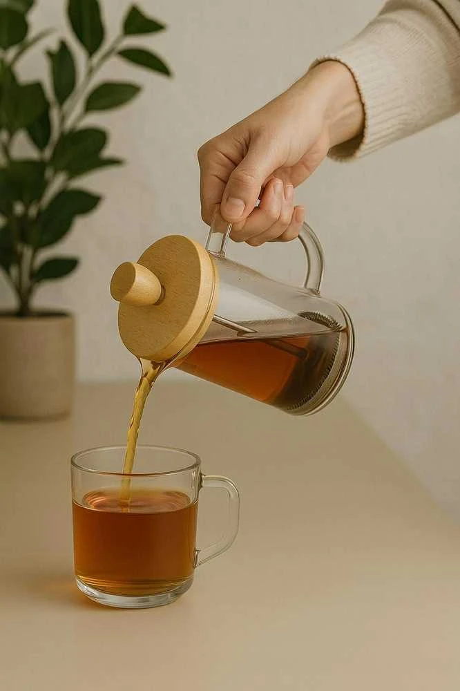 Winder Home Stūmoklinis kavos ir arbatos kavinukas su bambukiniu dangteliu – French Press indas, 600 ml talpa
