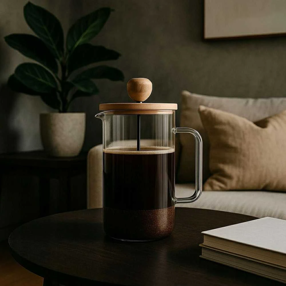 Winder Home Stūmoklinis kavos ir arbatos kavinukas su bambukiniu dangteliu – French Press indas, 600 ml talpa