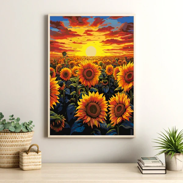Winder Home Tapyba pagal skaičius – paveikslas, dažai, teptukai, rinkinys „Saulėgrąžų laukas“, 40×50 cm