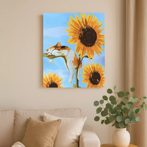 Winder Home Tapyba pagal skaičius – paveikslas, dažai, teptukai, rinkinys „Saulėgrąža su kate“, 40×50 cm