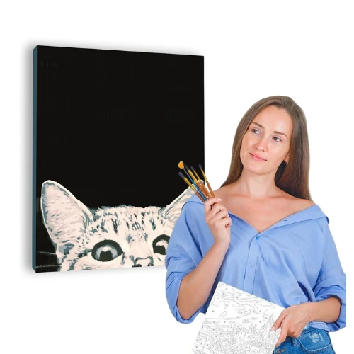 Winder Home Tapyba pagal skaičius – paveikslas, dažai, teptukai, rinkinys „Smalsi katė tamsiame fone“, 40×50 cm