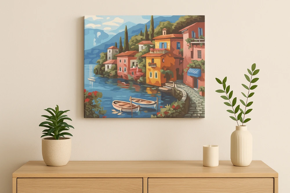 Winder Home Tapyba pagal skaičius – paveikslas, dažai, teptukai, rinkinys „Miestas prie vandens“, 40×50 cm