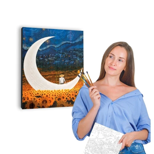 Winder Home Tapyba pagal skaičius – paveikslas, dažai, teptukai, rinkinys „Mėnulis ir žmogus“, 40×50 cm
