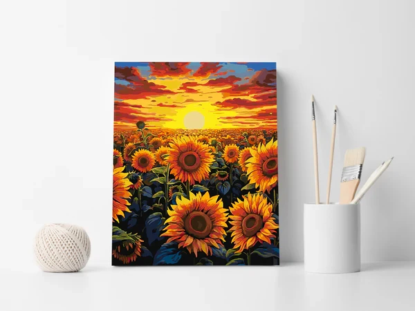 Winder Home Tapyba pagal skaičius – paveikslas, dažai, teptukai, rinkinys „Saulėgrąžų laukas“, 40×50 cm