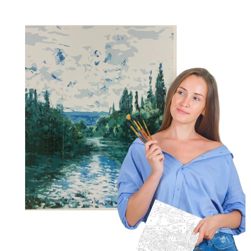 Winder Home Tapyba pagal skaičius – paveikslas, dažai, teptukai, rinkinys „Miškas prie ežero“, 40×50 cm