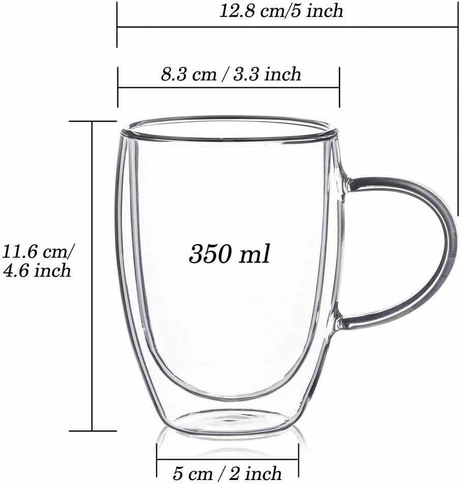 Winder Home Termo stiklinė su rankenėle 350 ml iš borosilikatinio stiklo – dvigubos sienelės, 4 vnt.