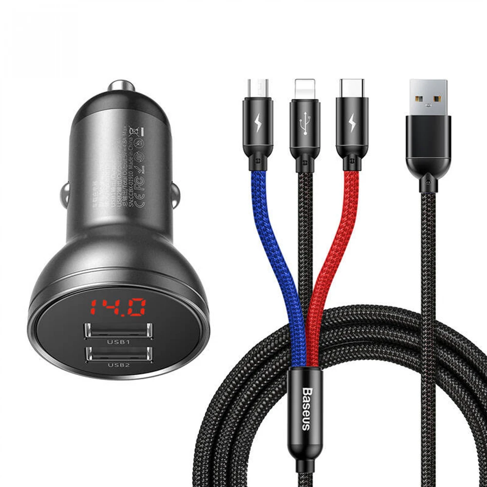 Baseus automobilinis įkroviklis 24W su 3-in-1 USB kabeliu 1.2m