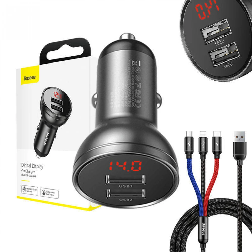 Baseus automobilinis įkroviklis 24W su 3-in-1 USB kabeliu 1.2m