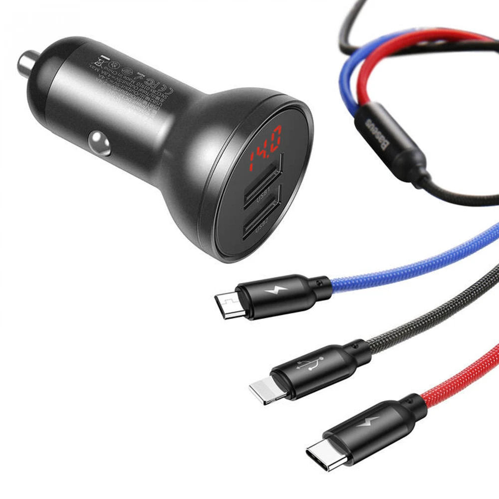 Baseus automobilinis įkroviklis 24W su 3-in-1 USB kabeliu 1.2m