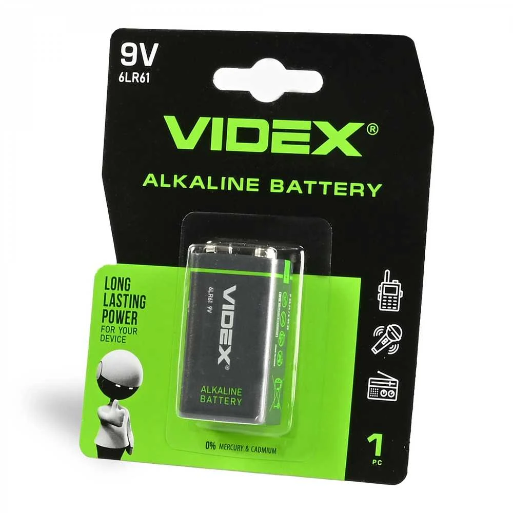 Baterijos 9V Krona / 6LR61 (2 vnt.) VIDEX Alkaline, 9V, 600mAh