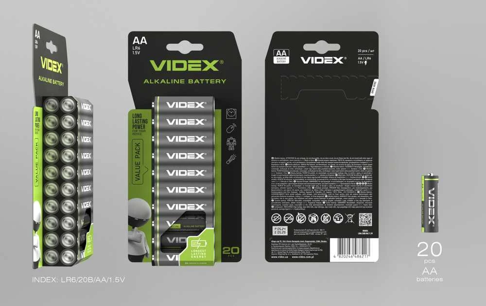 Baterijos AA VIDEX (20 vnt.) Alkaline, 1.5V, 2600mAh