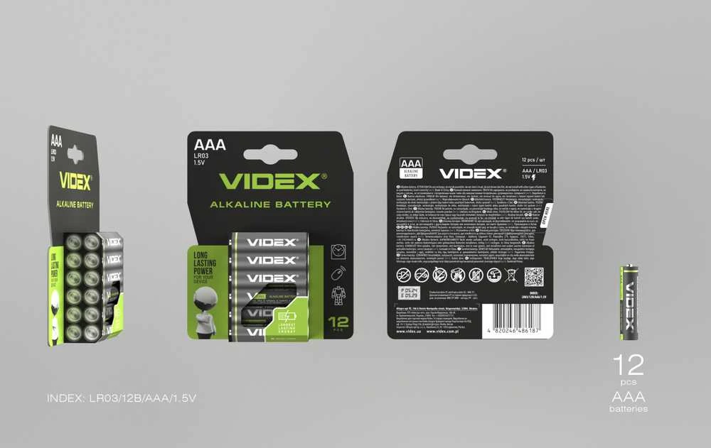 Baterijos AAA VIDEX (12 vnt.) Alkaline, 1.5V, 1200mAh