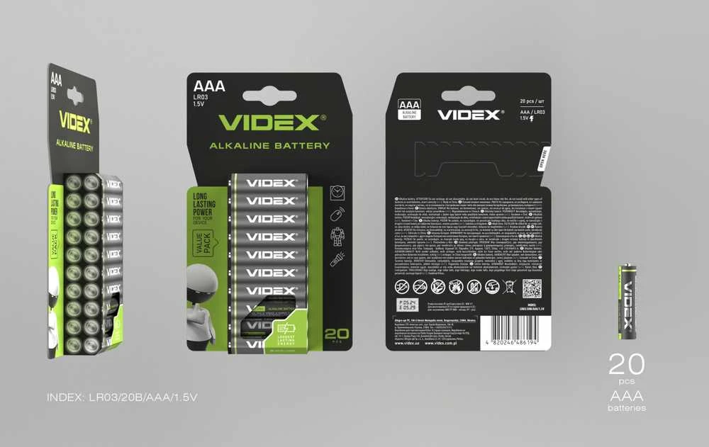 Baterijos AAA VIDEX (20 vnt.) Alkaline, 1.5V, 1200mAh