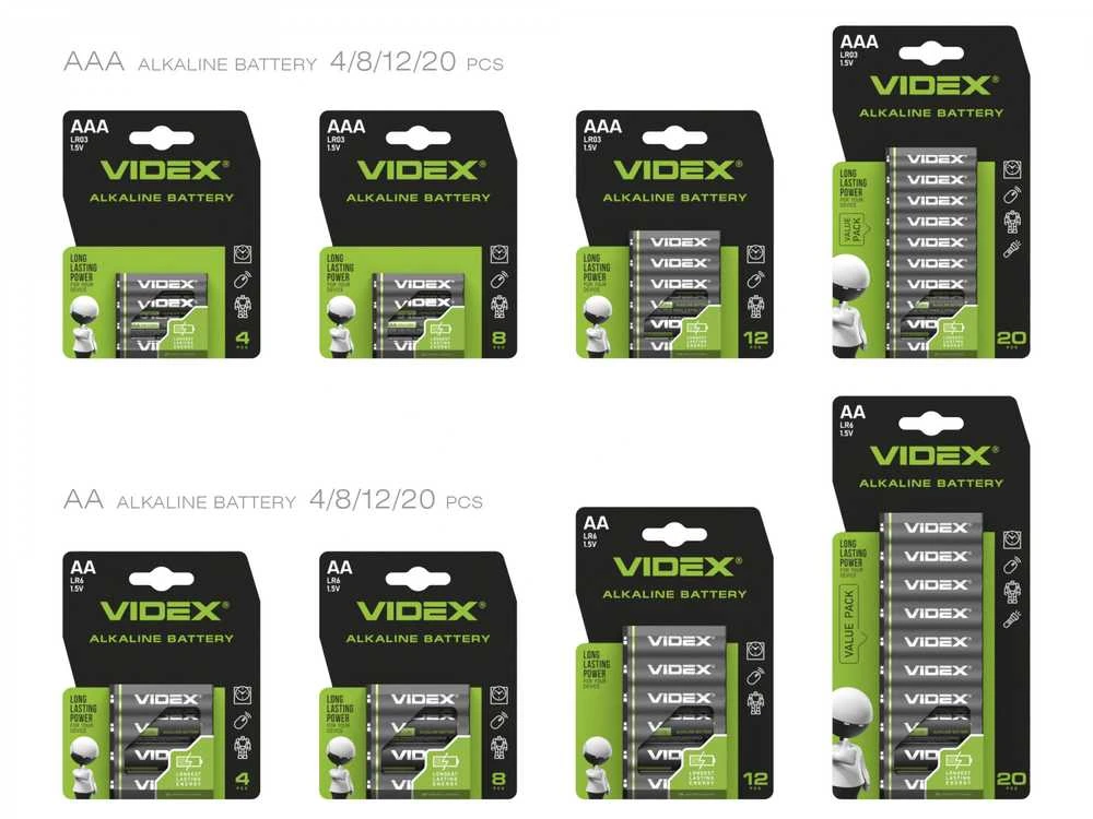 Baterijos AAA VIDEX (4 x 5 = 20 vnt.) Alkaline, 1.5V, 1200mAh