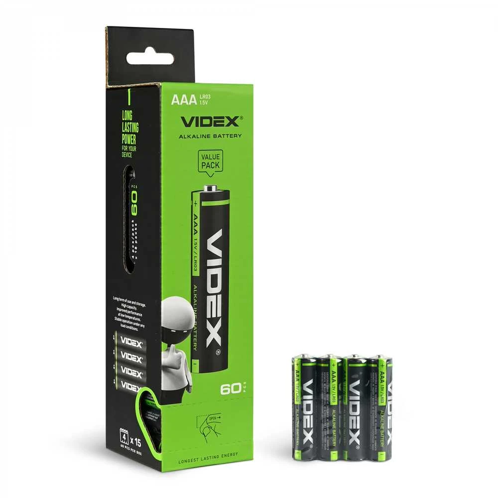 Baterijos AAA VIDEX (MEGA PACK 60 vnt.) Alkaline, 1.5V, 1200mAh