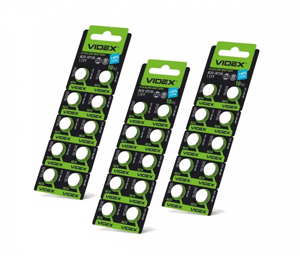 Baterijos AG10 / LR1130 VIDEX (30 vnt.) 1.5V Alkaline 78mAh