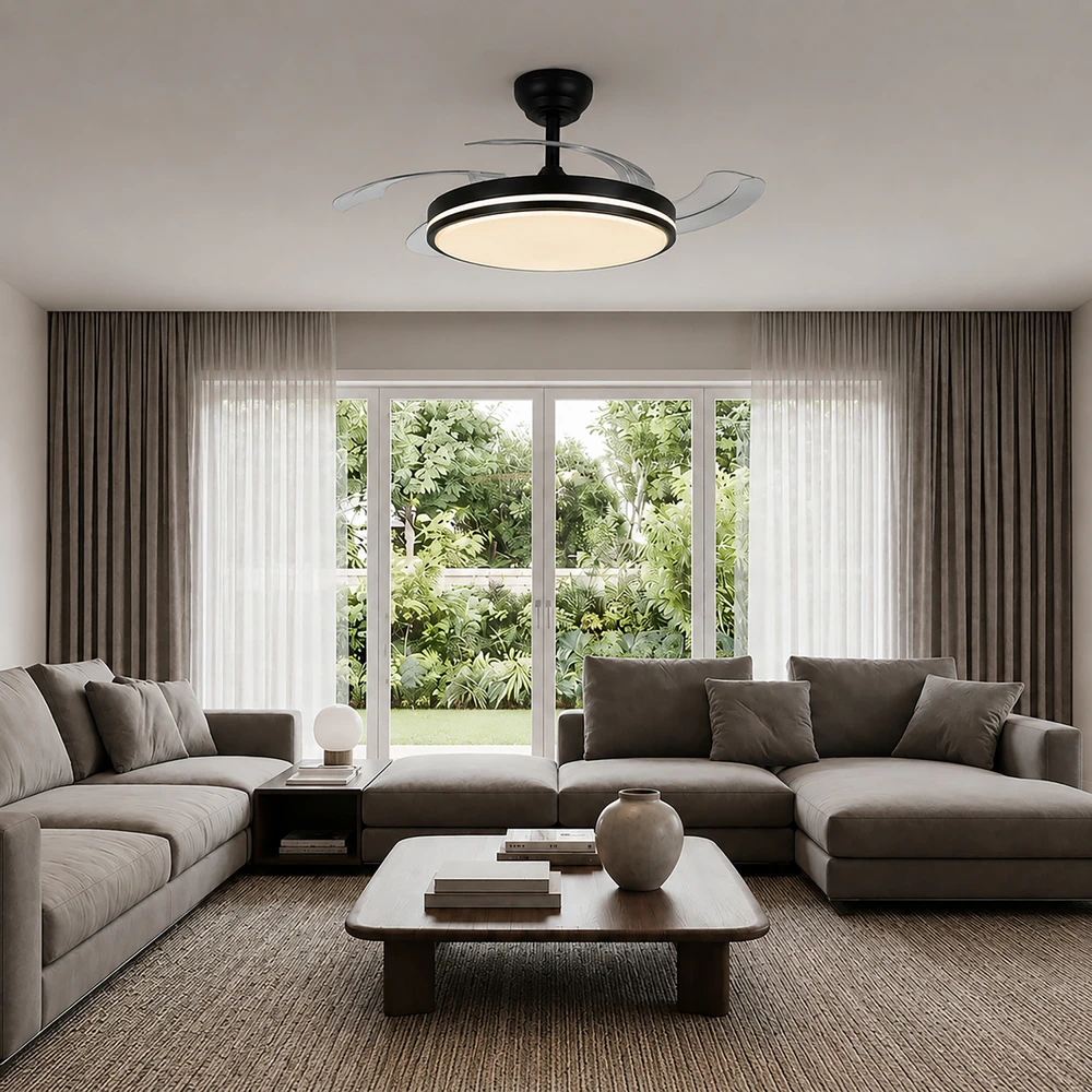 Lubinis šviestuvas Dimeriuojama LED lubinė lempa su ventiliatoriumi ir pultu 60W 5400Lm 3000K-4200K-6000K IP20 VIDEX VL-CLF01-60CB | juoda – Įmontuotas oro ventiliatorius su 6 režimais ir nuotolinio valdymo pulteliu