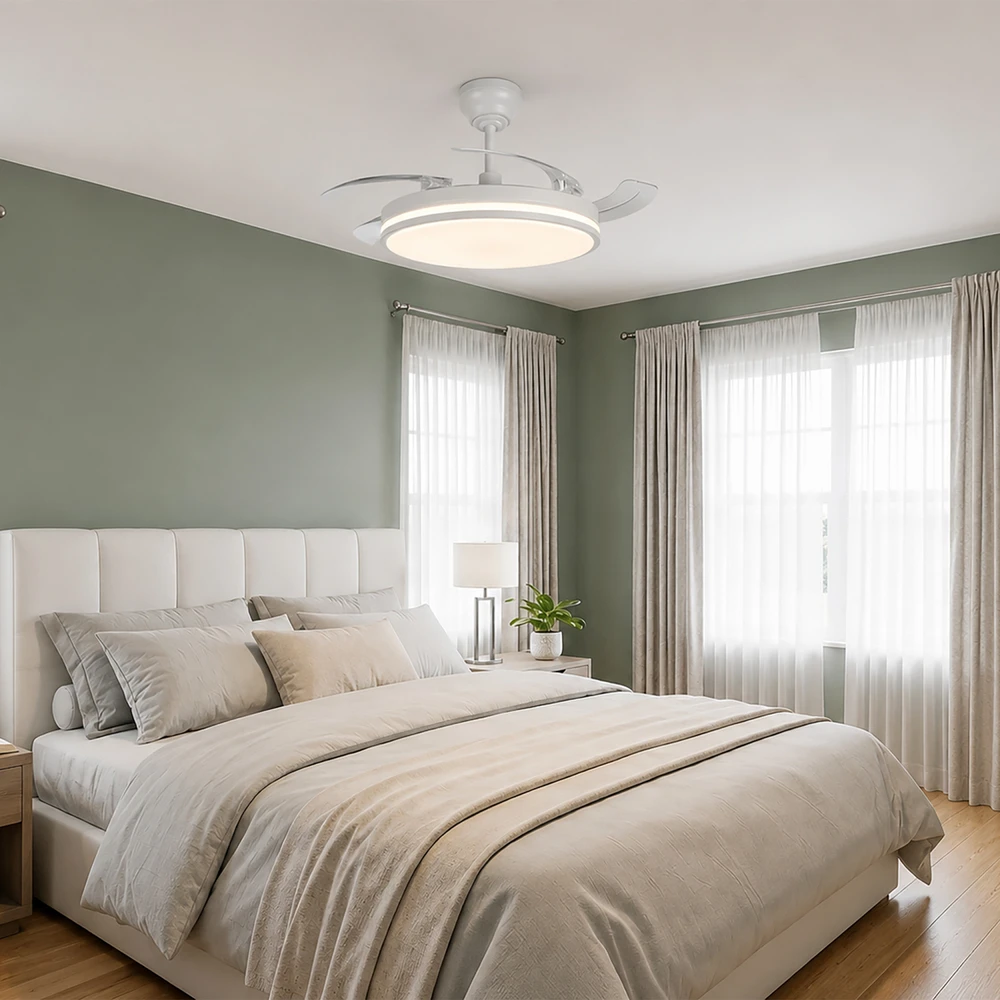 Lubinis šviestuvas Dimeriuojama LED lubinė lempa su ventiliatoriumi ir pultu 60W 5400Lm 3000K-4200K-6000K IP20 VIDEX VL-CLF01-60CW | balta – Įmontuotas oro ventiliatorius su 6 režimais ir nuotolinio valdymo pulteliu