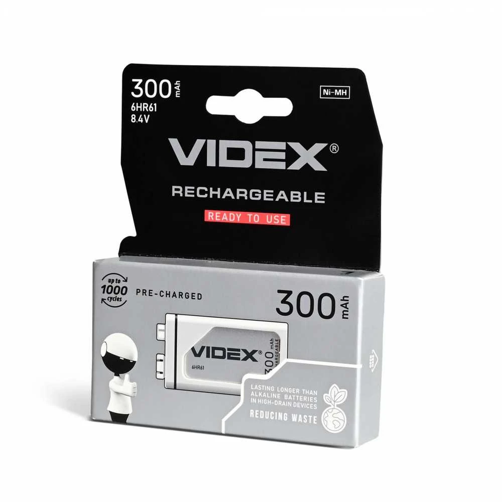 Įkraunama baterija 9V Krona (6HR61) VIDEX (1 vnt.) Ni-MH, 9V, 300mAh