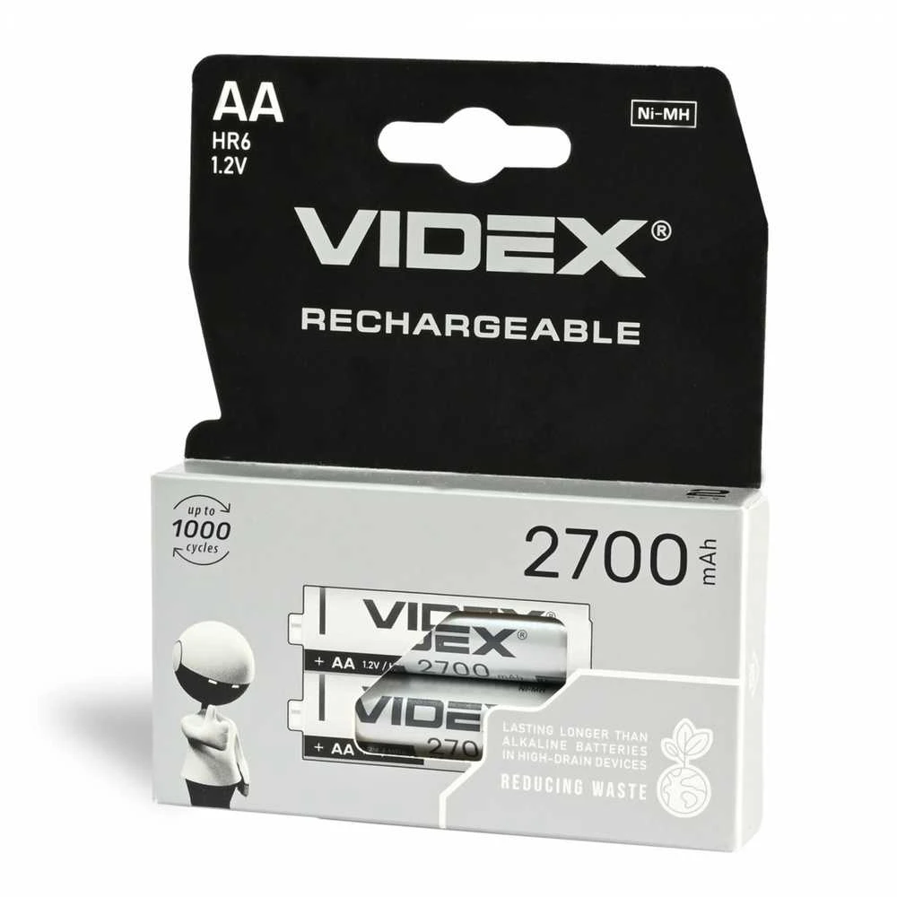 Įkraunamos baterijos AA (HR6) VIDEX (2 vnt.) Ni-MH, 1.2V, 2700mAh