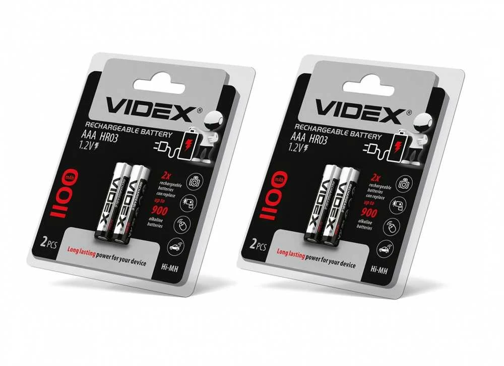 Įkraunamos baterijos AAA (HR03) VIDEX (2 vnt.) Ni-MH, 1.2V, 1100mAh