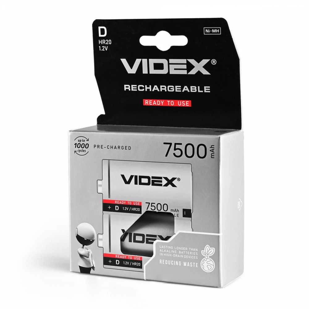 Įkraunamos baterijos D (HR20) VIDEX (2 vnt.) Ni-MH, 1.2V, 7500mAh