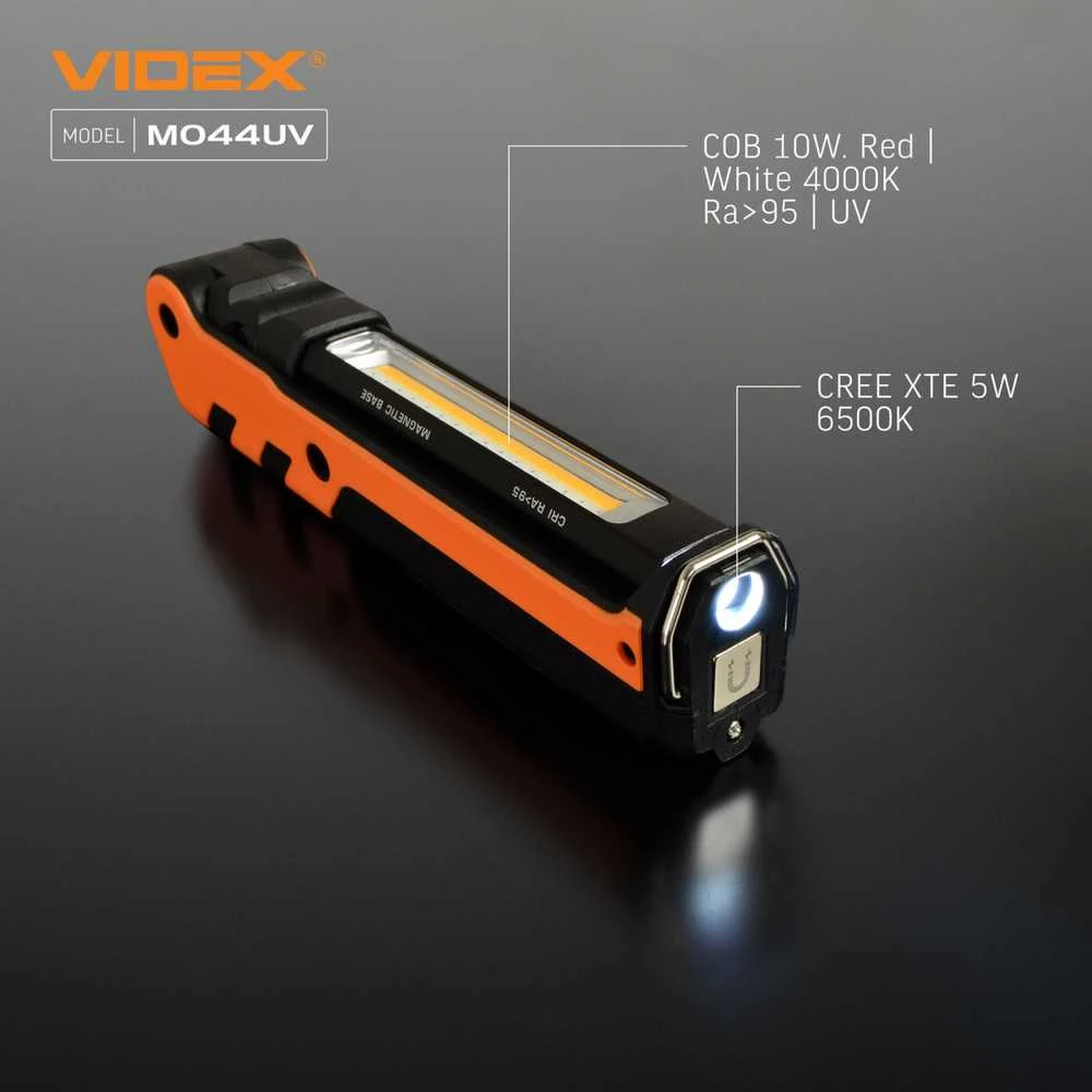 Darbinis LED žibintuvėlis CREE XTE 5W + COB 10W, 400Lm 4000K/6500K, Li-ion 18650 2200mAh, VIDEX VLF-M044UV – UV šviesos režimas freono nuotėkių diagnostikai