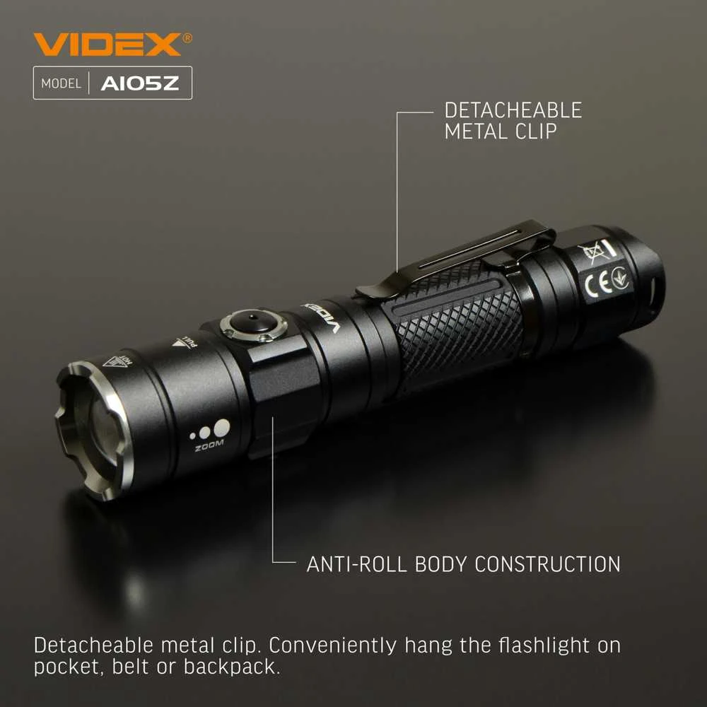 Įkraunamas kišeninis LED žibintuvėlis Luminus SST40 10W, 1200Lm 5000K, Li-ion 18650 2200mAh, VIDEX VLF-A105Z – Optinis priartinimas tiksliam spindulio fokusavimui