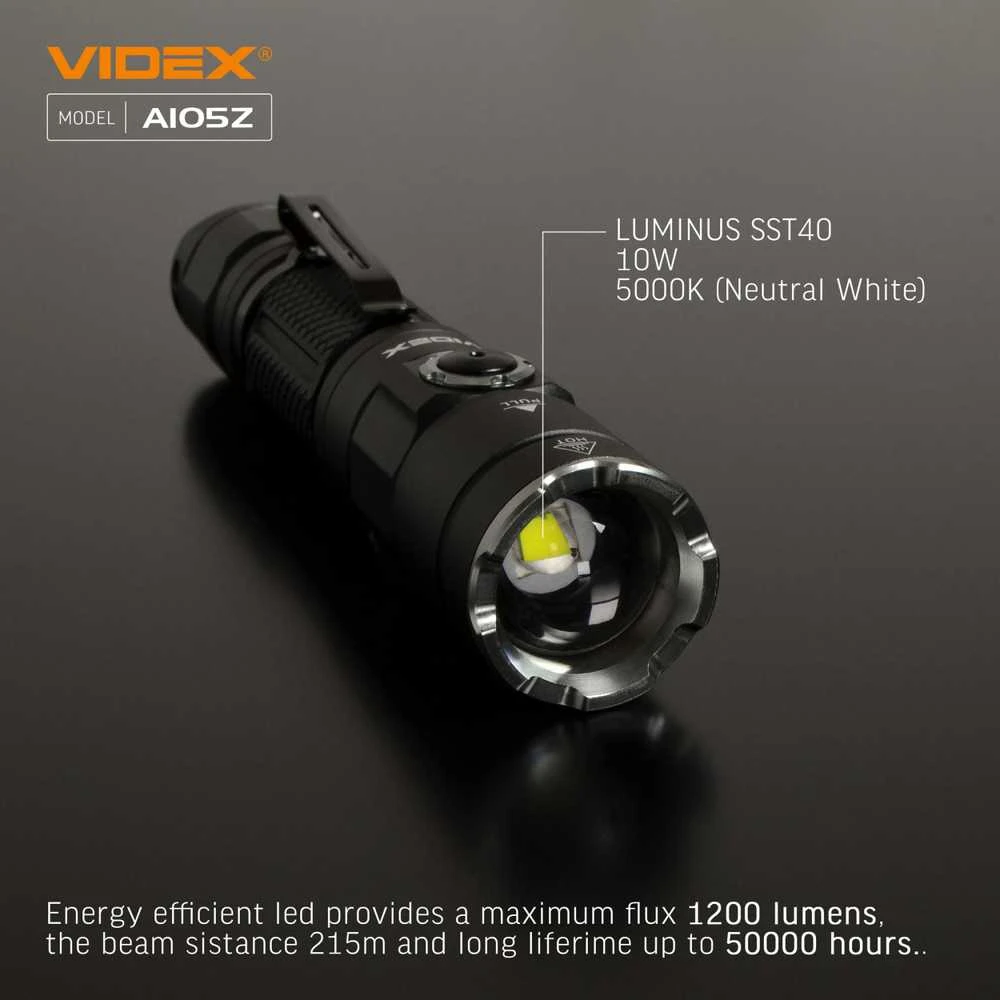 Įkraunamas kišeninis LED žibintuvėlis Luminus SST40 10W, 1200Lm 5000K, Li-ion 18650 2200mAh, VIDEX VLF-A105Z – Optinis priartinimas tiksliam spindulio fokusavimui
