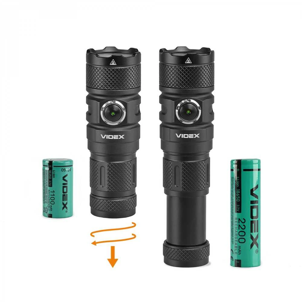 Įkraunamas kišeninis LED žibintuvėlis Luminus SST40 10W, 1500Lm 5000K, 18350/18650 baterijos, VIDEX VLF-A298 – Modulinis keičiamo dydžio korpusas su dviem baterijomis