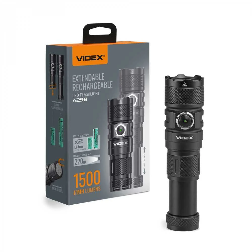 Įkraunamas kišeninis LED žibintuvėlis Luminus SST40 10W, 1500Lm 5000K, 18350/18650 baterijos, VIDEX VLF-A298 – Modulinis keičiamo dydžio korpusas su dviem baterijomis
