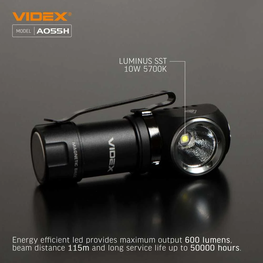 Įkraunamas kampinis LED žibintuvėlis Luminus SST20 10W, 600Lm 5700K, Li-ion 16340 800mAh (keičiamas į CR123A), VIDEX VLF-A055H – Šoninė šviesa, magnetinis pagrindas
