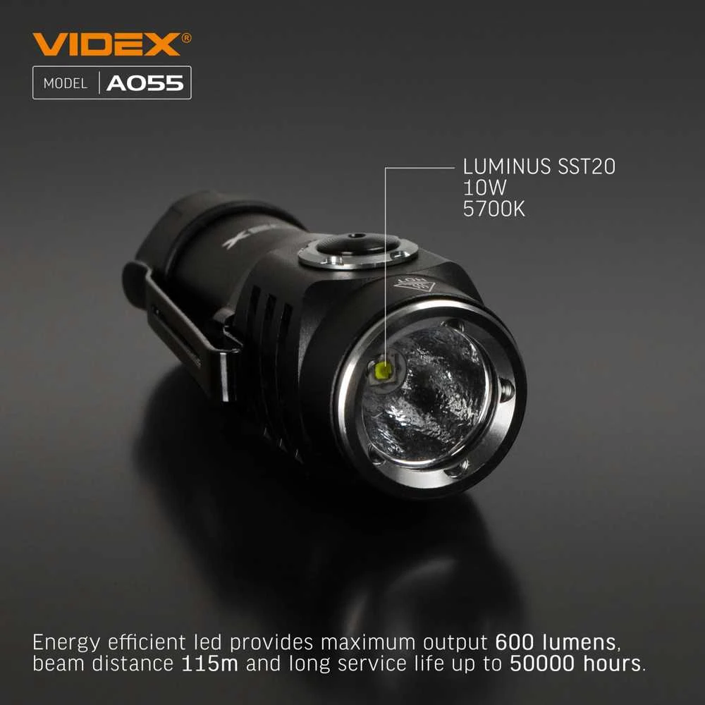Įkraunamas kišeninis LED žibintuvėlis Luminus SST20 10W, 600Lm 5700K, Li-ion 16340 800mAh (keičiamas į CR123A), VIDEX VLF-A055 – Kompaktiškas dydis ir plieno klipsas