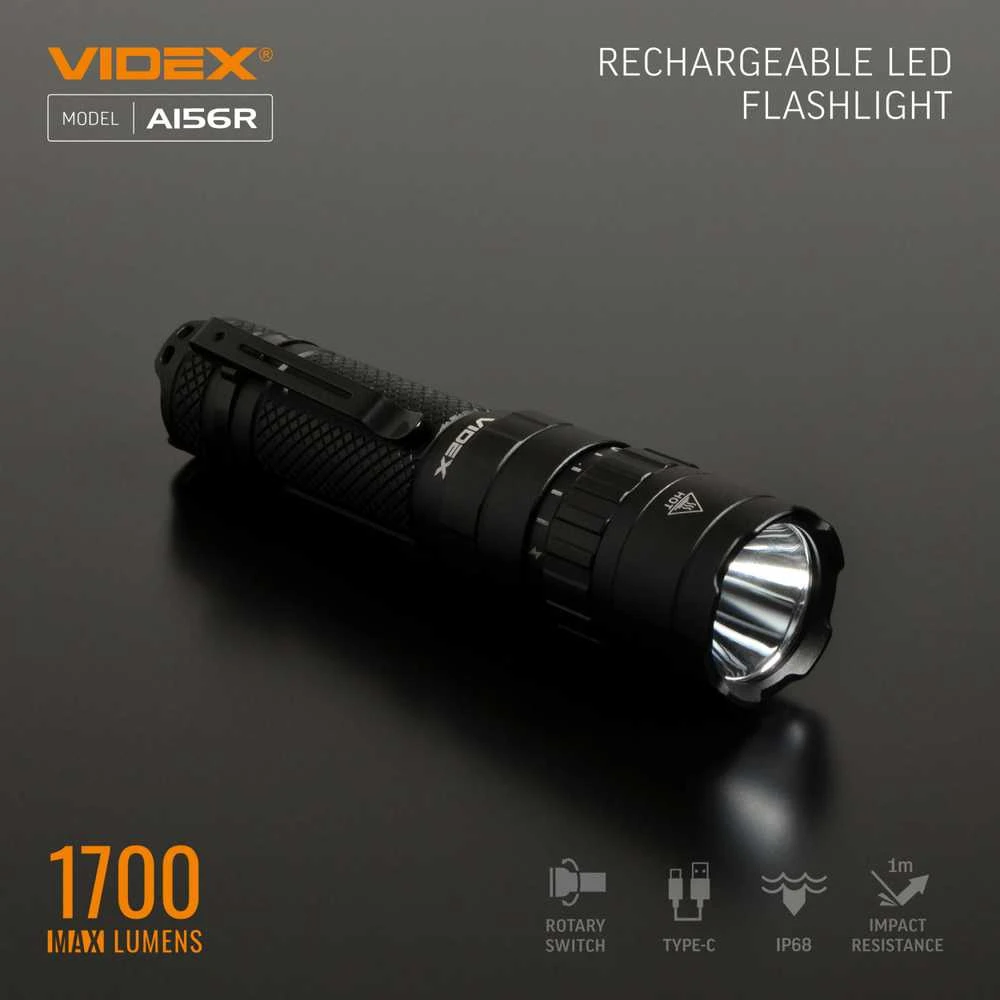 Įkraunamas kišeninis LED žibintuvėlis Luminus SST40 20W, 1700Lm 6500K, Li-ion 21700 4000mAh (keičiamas į 18650), VIDEX VLF-A156R – Mechaninis sukamasis jungiklis