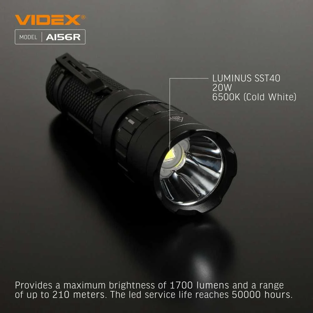 Įkraunamas kišeninis LED žibintuvėlis Luminus SST40 20W, 1700Lm 6500K, Li-ion 21700 4000mAh (keičiamas į 18650), VIDEX VLF-A156R – Mechaninis sukamasis jungiklis