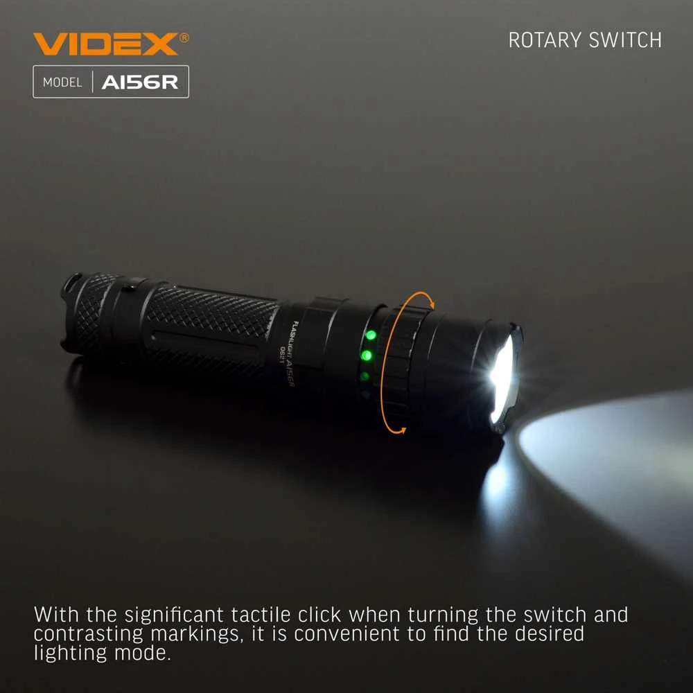 Įkraunamas kišeninis LED žibintuvėlis Luminus SST40 20W, 1700Lm 6500K, Li-ion 21700 4000mAh (keičiamas į 18650), VIDEX VLF-A156R – Mechaninis sukamasis jungiklis