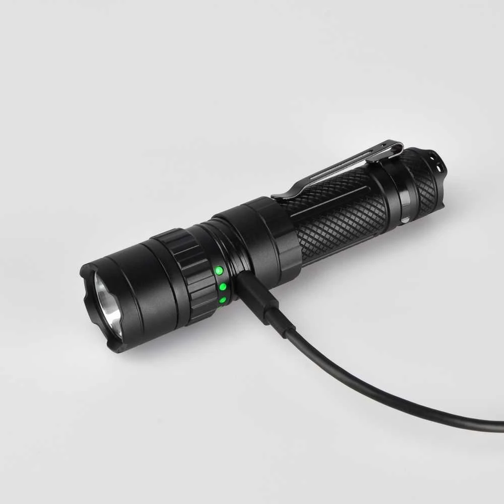 Įkraunamas kišeninis LED žibintuvėlis Luminus SST40 20W, 1700Lm 6500K, Li-ion 21700 4000mAh (keičiamas į 18650), VIDEX VLF-A156R – Mechaninis sukamasis jungiklis