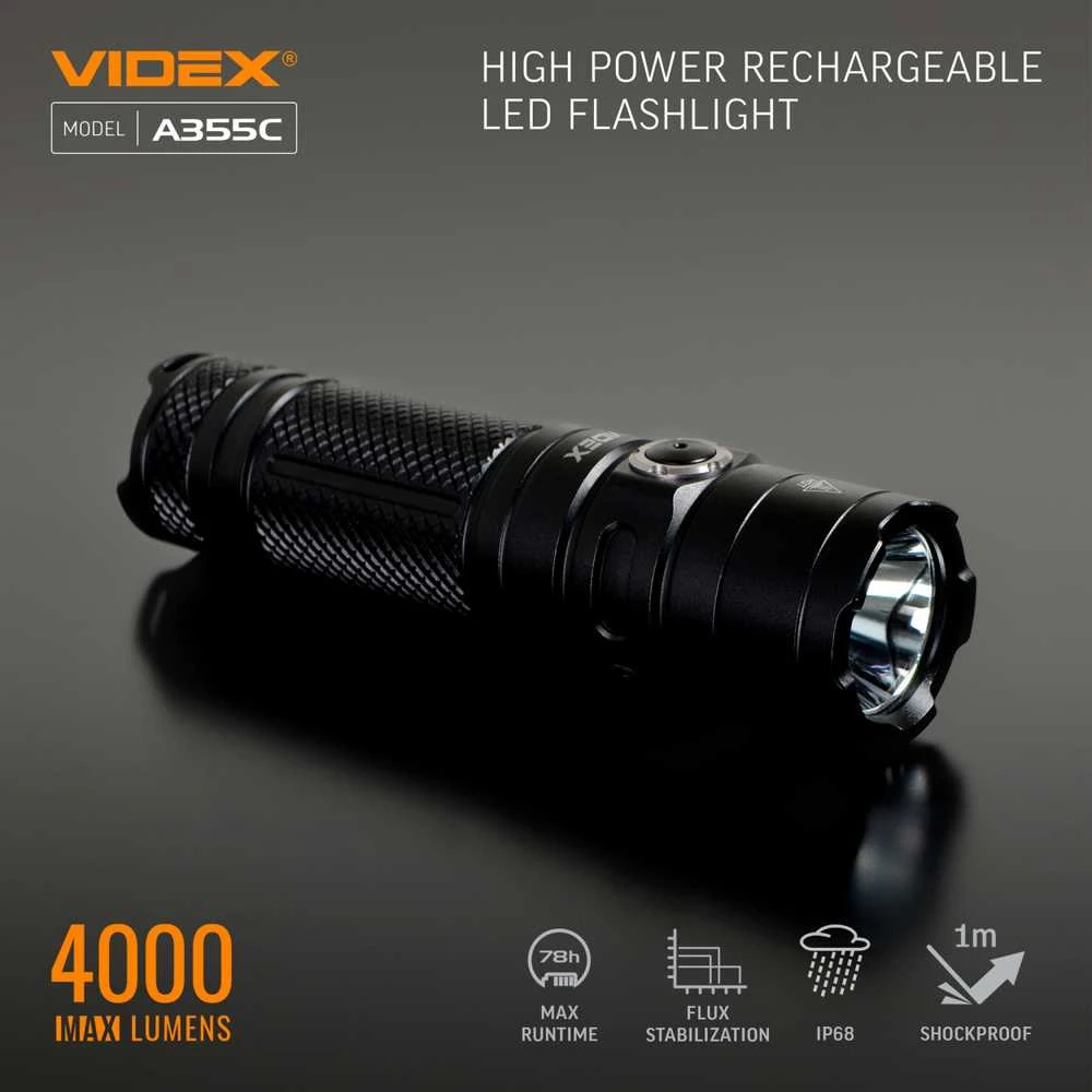 Įkraunamas kišeninis LED žibintuvėlis CREE XHP50.2 20W, 4000Lm 5000K, Li-ion 26650 5000mAh, VIDEX VLF-A355C – Komplekte galingas 5000mAh akumuliatorius