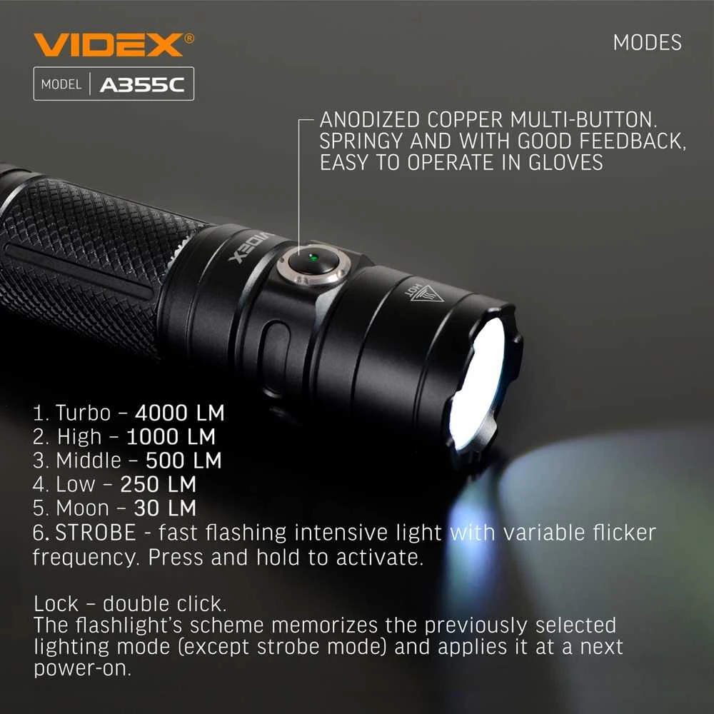 Įkraunamas kišeninis LED žibintuvėlis CREE XHP50.2 20W, 4000Lm 5000K, Li-ion 26650 5000mAh, VIDEX VLF-A355C – Komplekte galingas 5000mAh akumuliatorius