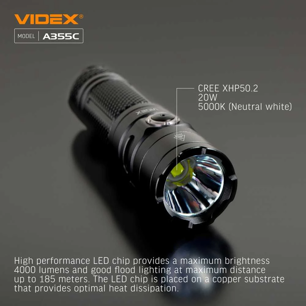 Įkraunamas kišeninis LED žibintuvėlis CREE XHP50.2 20W, 4000Lm 5000K, Li-ion 26650 5000mAh, VIDEX VLF-A355C – Komplekte galingas 5000mAh akumuliatorius
