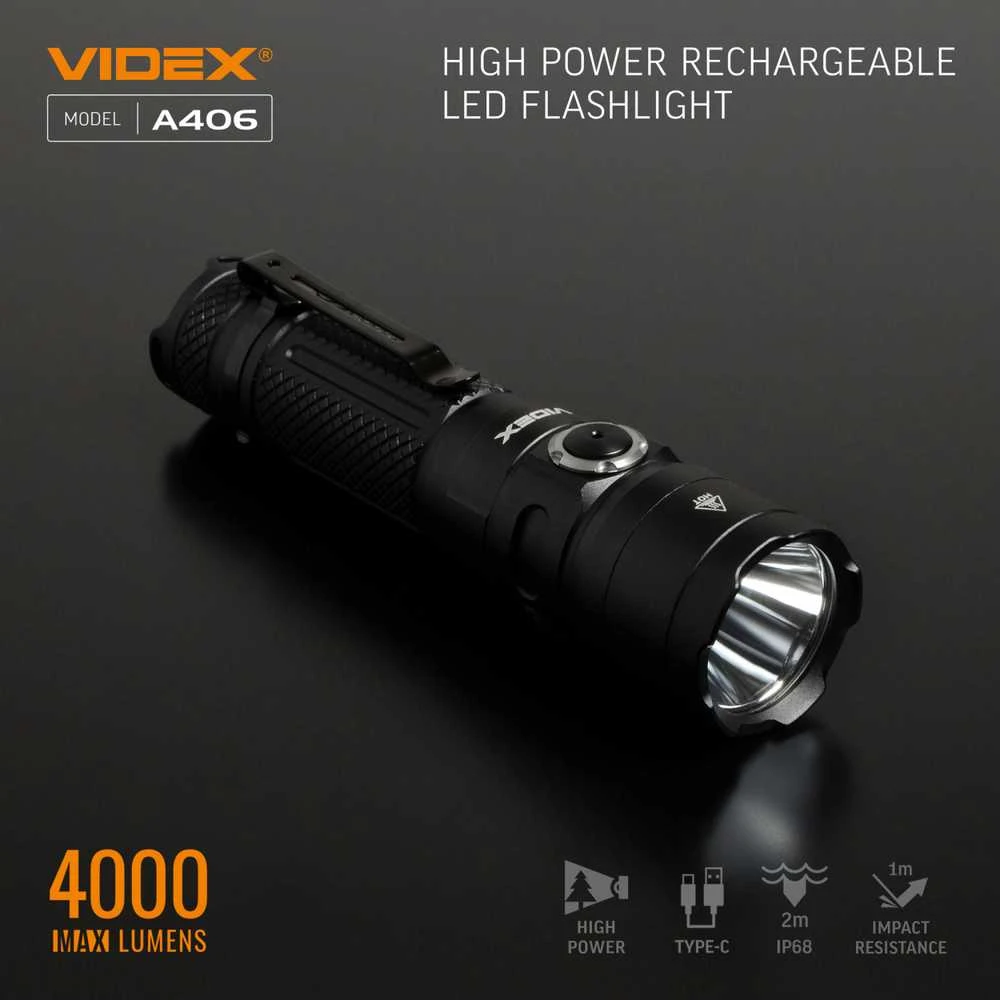 Įkraunamas kišeninis LED žibintuvėlis CREE XHP50.2 20W, 4000Lm 6500K, Li-ion 21700 4000mAh, VIDEX VLF-A406 – Kompaktiškas dydis ir kompromisų neturinti galia