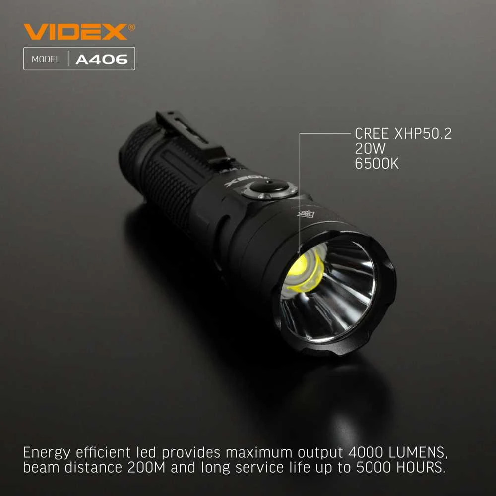 Įkraunamas kišeninis LED žibintuvėlis CREE XHP50.2 20W, 4000Lm 6500K, Li-ion 21700 4000mAh, VIDEX VLF-A406 – Kompaktiškas dydis ir kompromisų neturinti galia