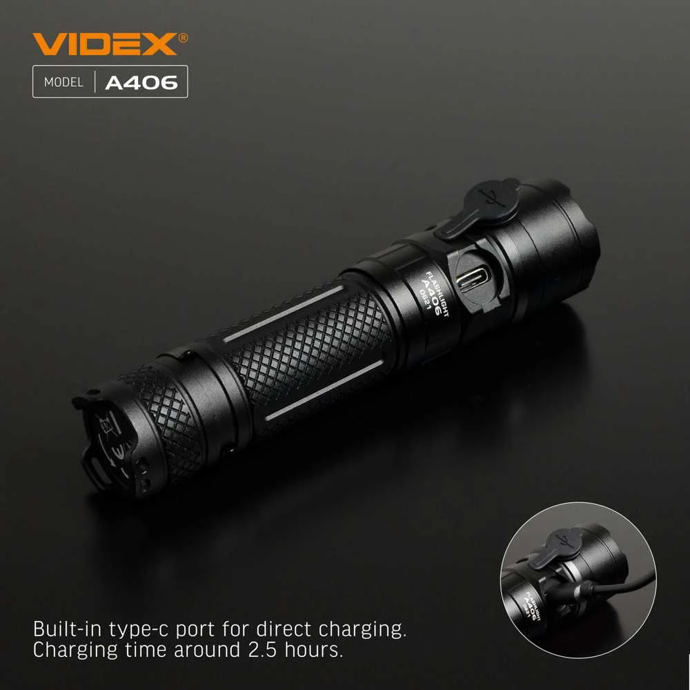Įkraunamas kišeninis LED žibintuvėlis CREE XHP50.2 20W, 4000Lm 6500K, Li-ion 21700 4000mAh, VIDEX VLF-A406 – Kompaktiškas dydis ir kompromisų neturinti galia