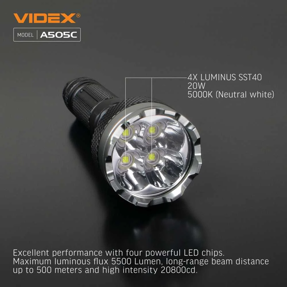 Įkraunamas kišeninis LED žibintuvėlis 4xLuminus SST40 20W, 5500Lm 5000K, Li-ion 21700 4000mAh, VIDEX VLF-A505C – Keturios LED diodai ir 500m spindulio atstumas