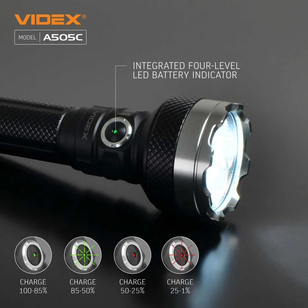 Įkraunamas kišeninis LED žibintuvėlis 4xLuminus SST40 20W, 5500Lm 5000K, Li-ion 21700 4000mAh, VIDEX VLF-A505C – Keturios LED diodai ir 500m spindulio atstumas