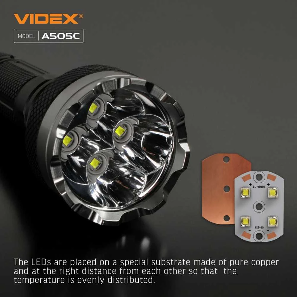 Įkraunamas kišeninis LED žibintuvėlis 4xLuminus SST40 20W, 5500Lm 5000K, Li-ion 21700 4000mAh, VIDEX VLF-A505C – Keturios LED diodai ir 500m spindulio atstumas
