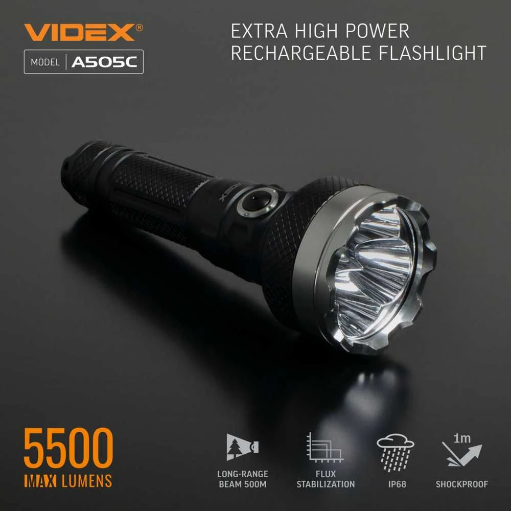 Įkraunamas kišeninis LED žibintuvėlis 4xLuminus SST40 20W, 5500Lm 5000K, Li-ion 21700 4000mAh, VIDEX VLF-A505C – Keturios LED diodai ir 500m spindulio atstumas