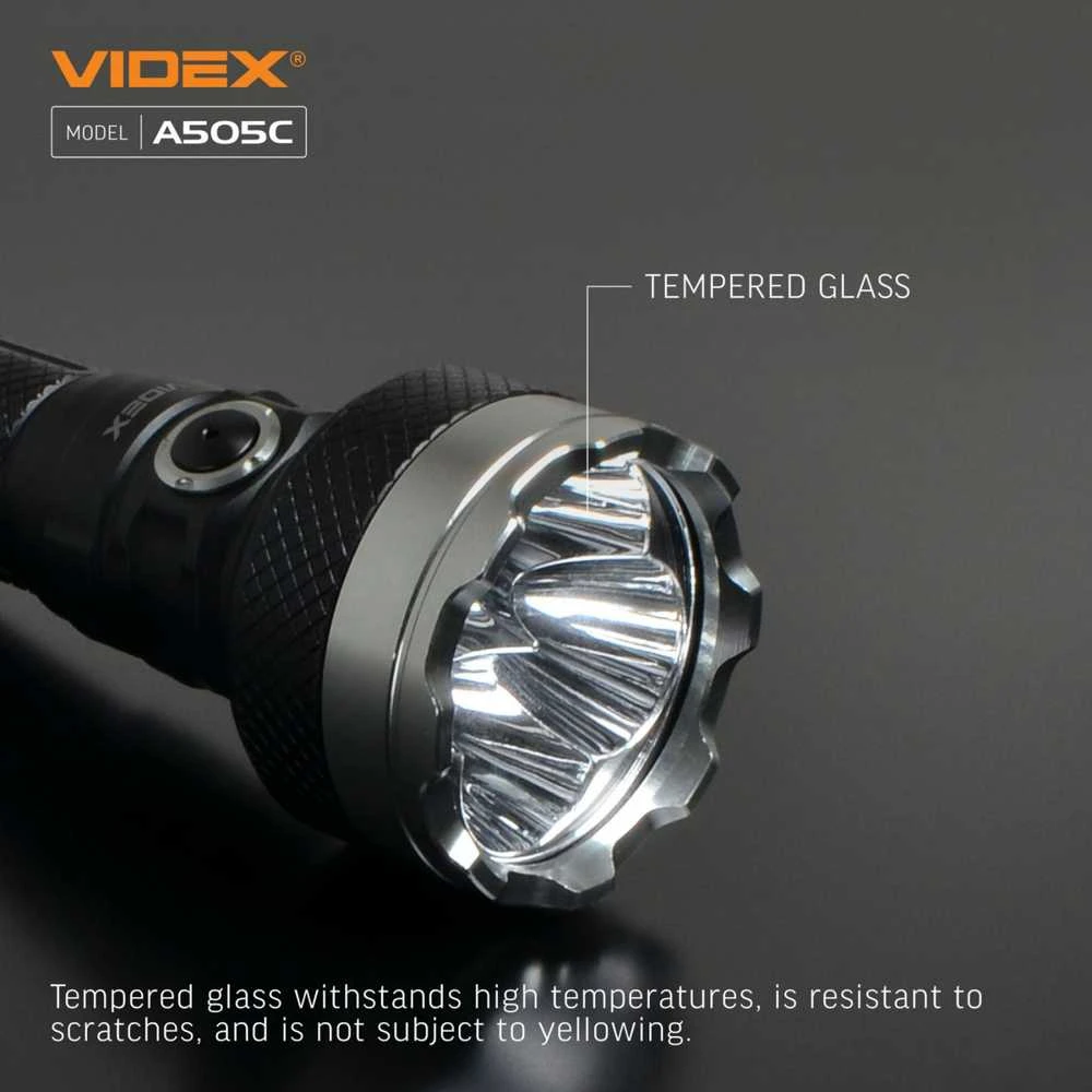 Įkraunamas kišeninis LED žibintuvėlis 4xLuminus SST40 20W, 5500Lm 5000K, Li-ion 21700 4000mAh, VIDEX VLF-A505C – Keturios LED diodai ir 500m spindulio atstumas